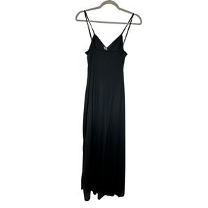 Vintage Ventura Slinky Black Floral Lace Slip Nightgown Maxi Dress Sheer